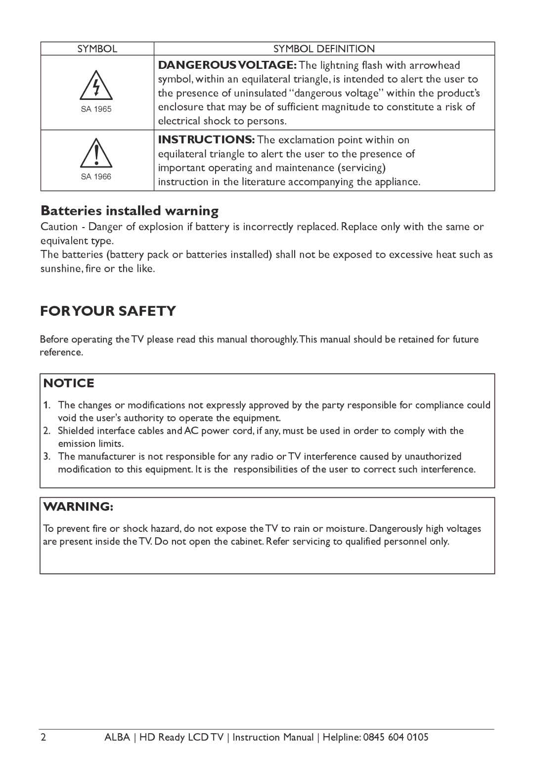 Alba L32M1, L26M1, L42M1 manual Foryour Safety 