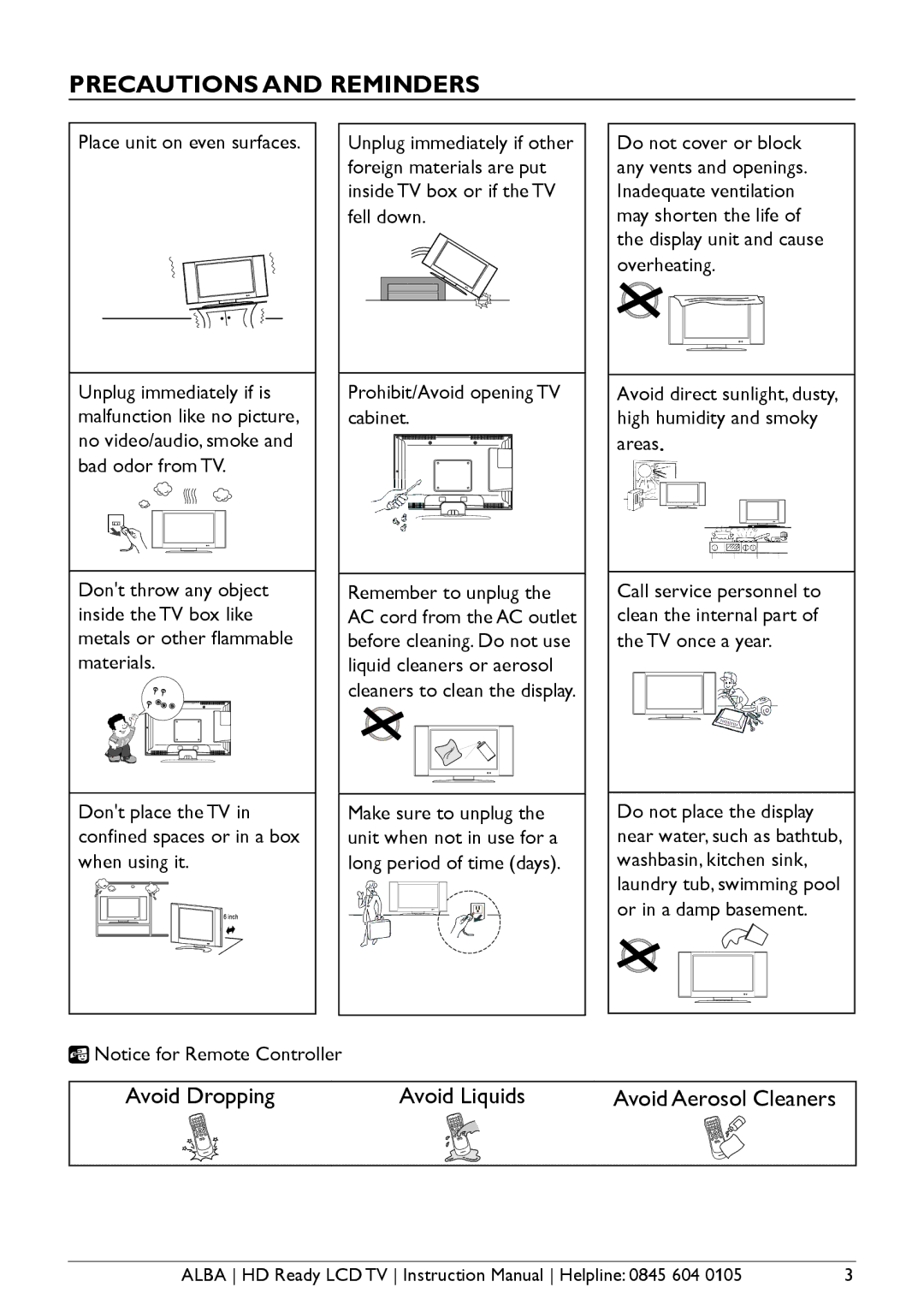 Alba L42M1, L26M1, L32M1 manual Precautions and Reminders, Place unit on even surfaces 