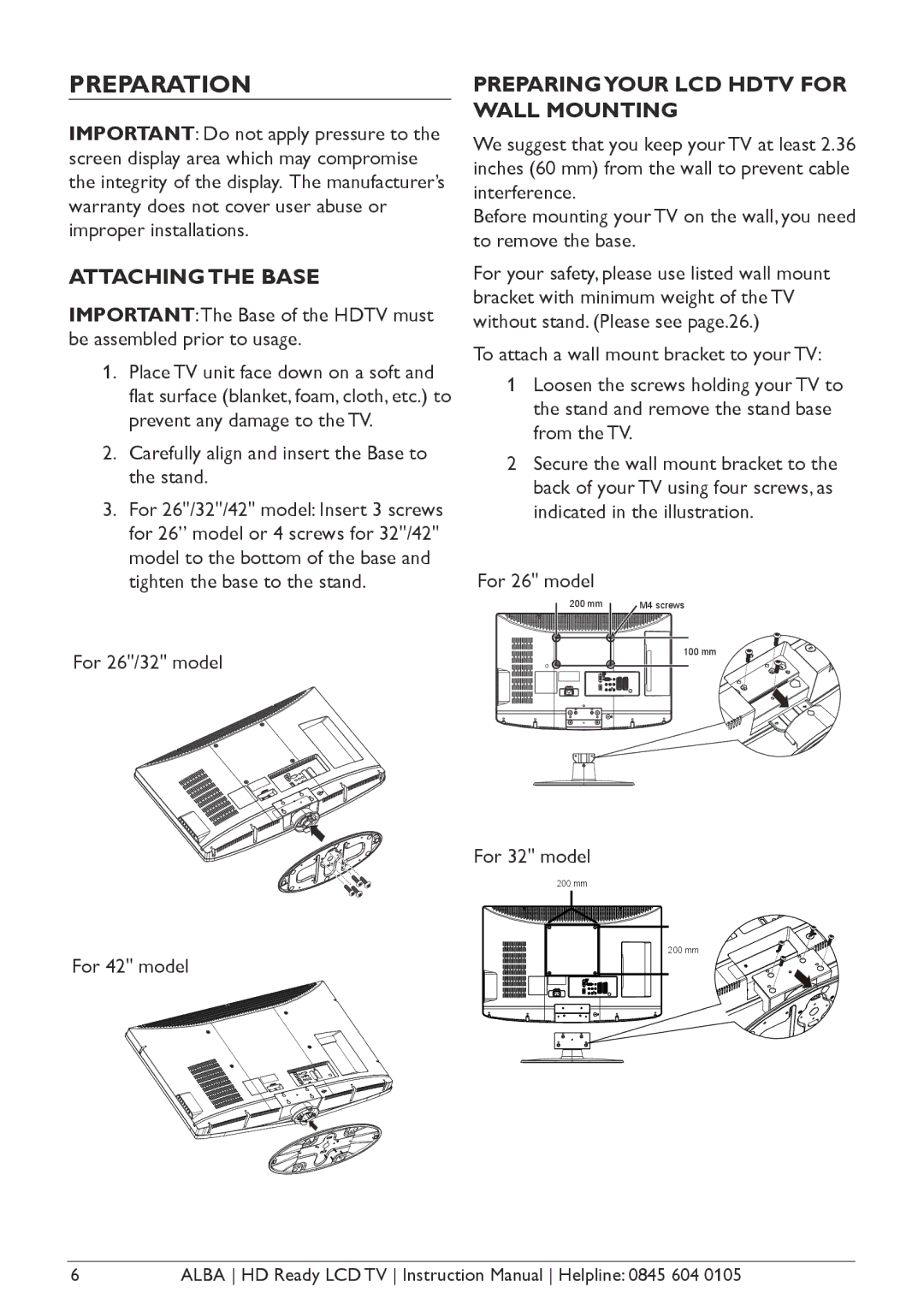 Alba L42M1, L26M1, L32M1 manual Preparation, Attachingthe Base, Preparingyour LCD Hdtv for Wall Mounting 