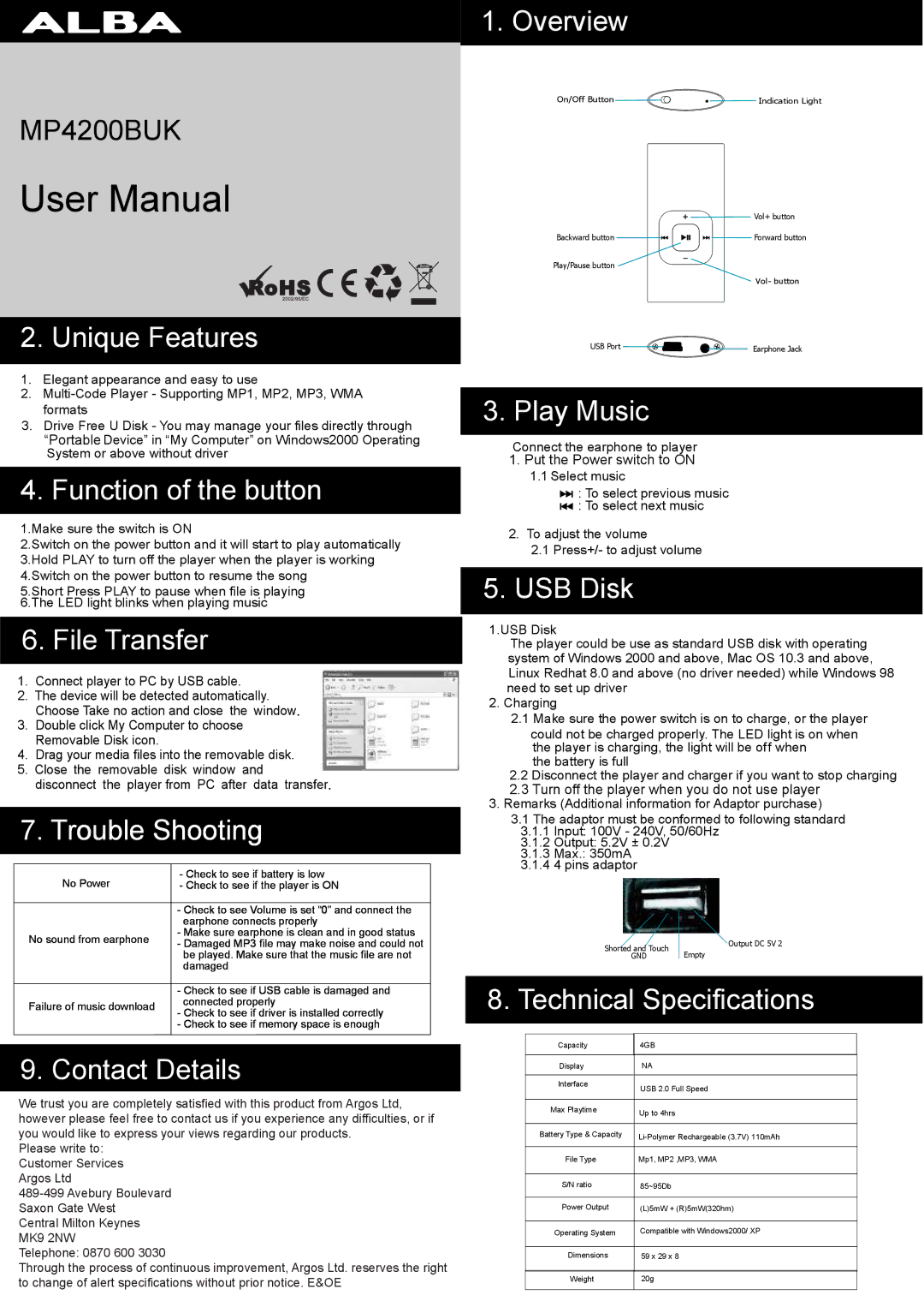 Alba MP4200BUK manual Unique Features, Function of the button, File Transfer, Contact Details, Overview, Play Music 