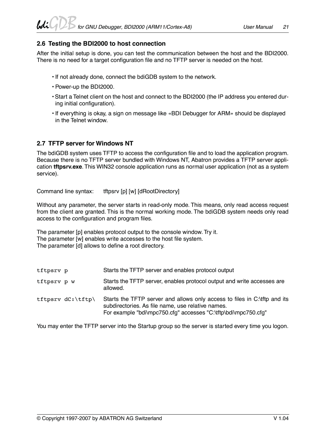 Albatron Technology ARM11/Cortex-A8 user manual Testing the BDI2000 to host connection, Tftp server for Windows NT 