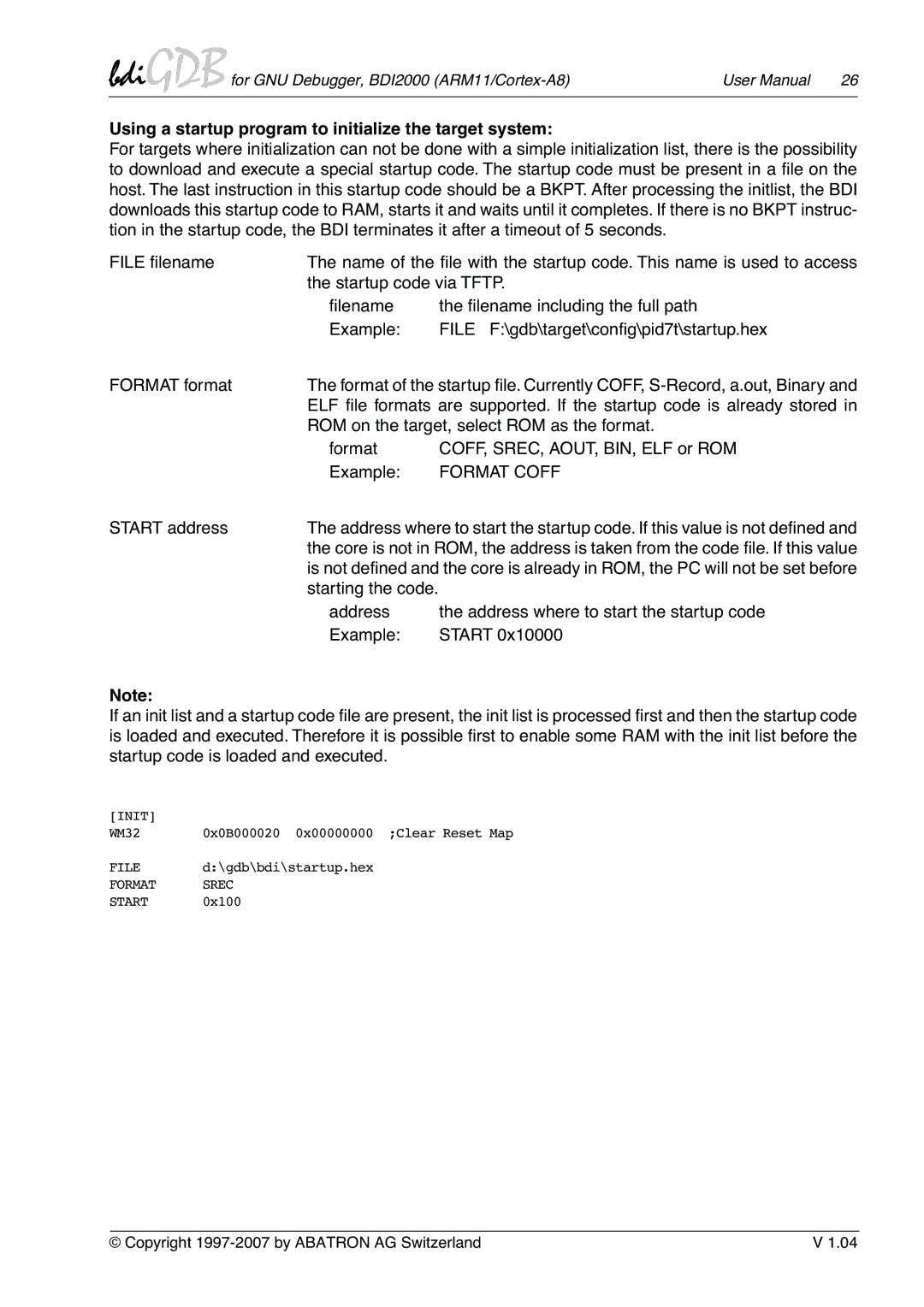 Albatron Technology ARM11/Cortex-A8 Using a startup program to initialize the target system, Format Coff, Start address 