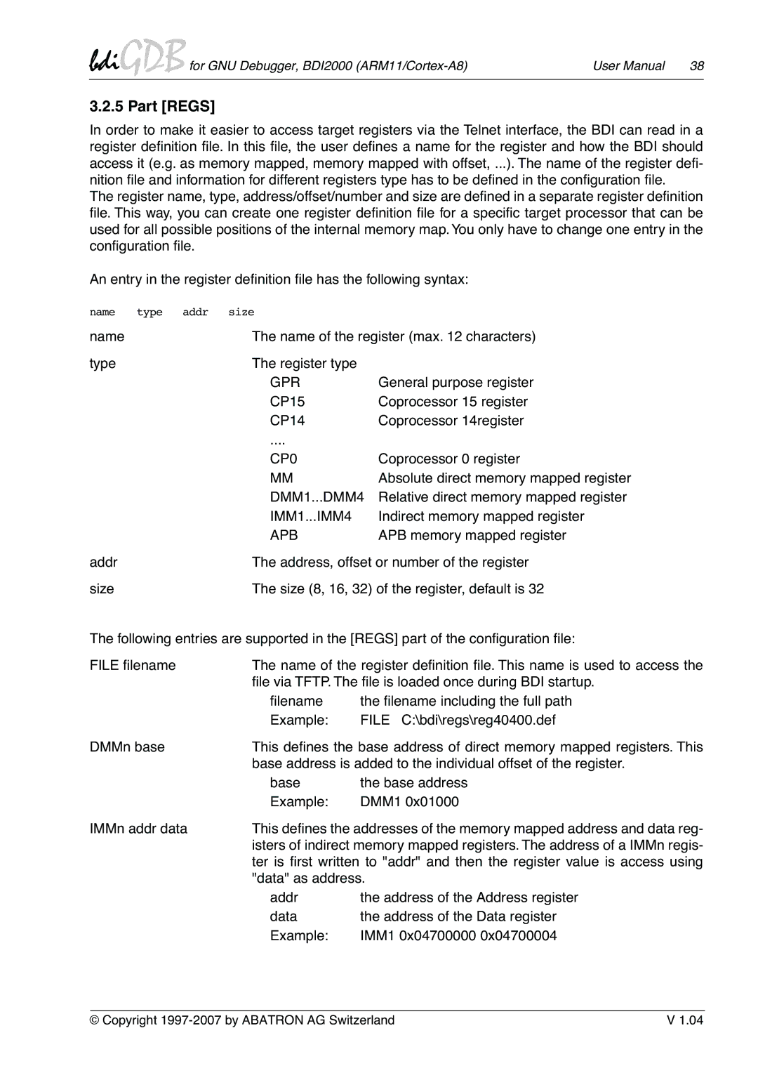 Albatron Technology ARM11/Cortex-A8 user manual Part Regs 