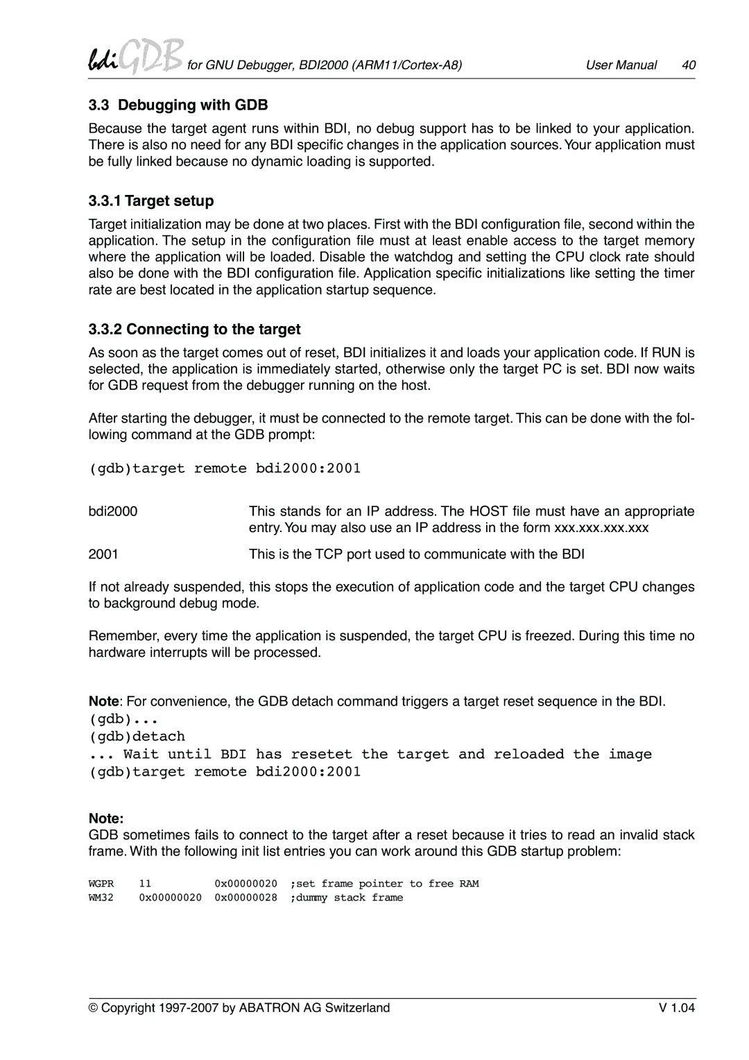 Albatron Technology ARM11/Cortex-A8 user manual Debugging with GDB, Target setup, Connecting to the target 