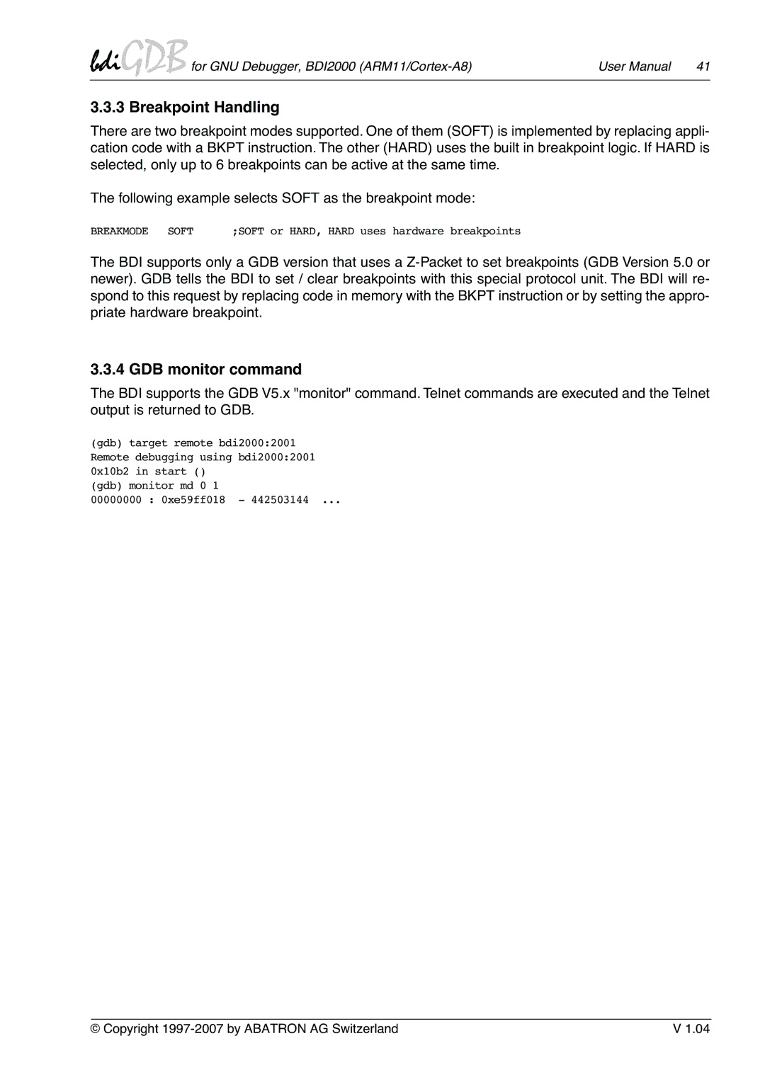 Albatron Technology ARM11/Cortex-A8 user manual Breakpoint Handling, GDB monitor command 