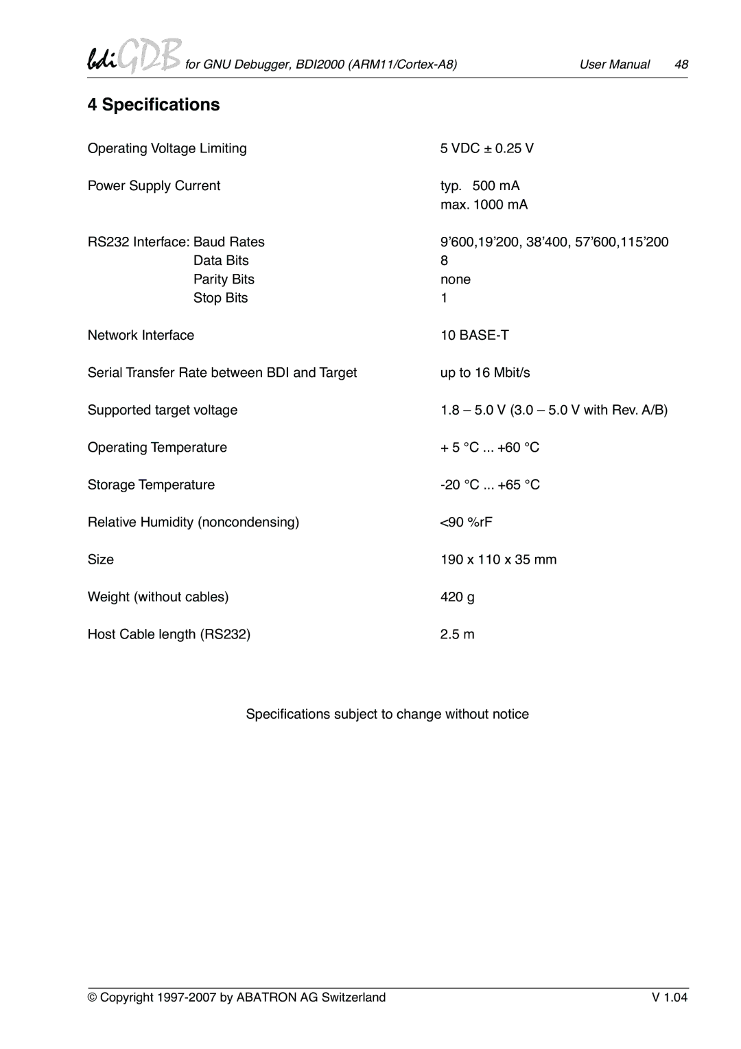 Albatron Technology ARM11/Cortex-A8 user manual Speciﬁcations, Base-T 