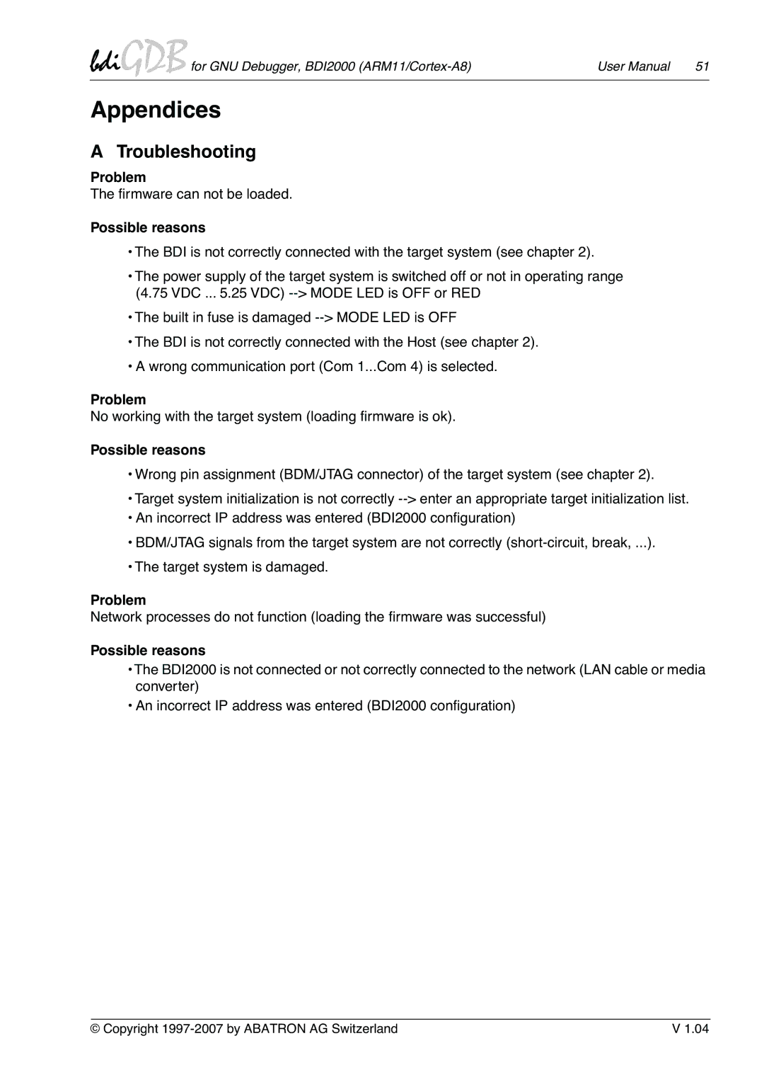 Albatron Technology ARM11/Cortex-A8 user manual Troubleshooting, Problem, ﬁrmware can not be loaded, Possible reasons 