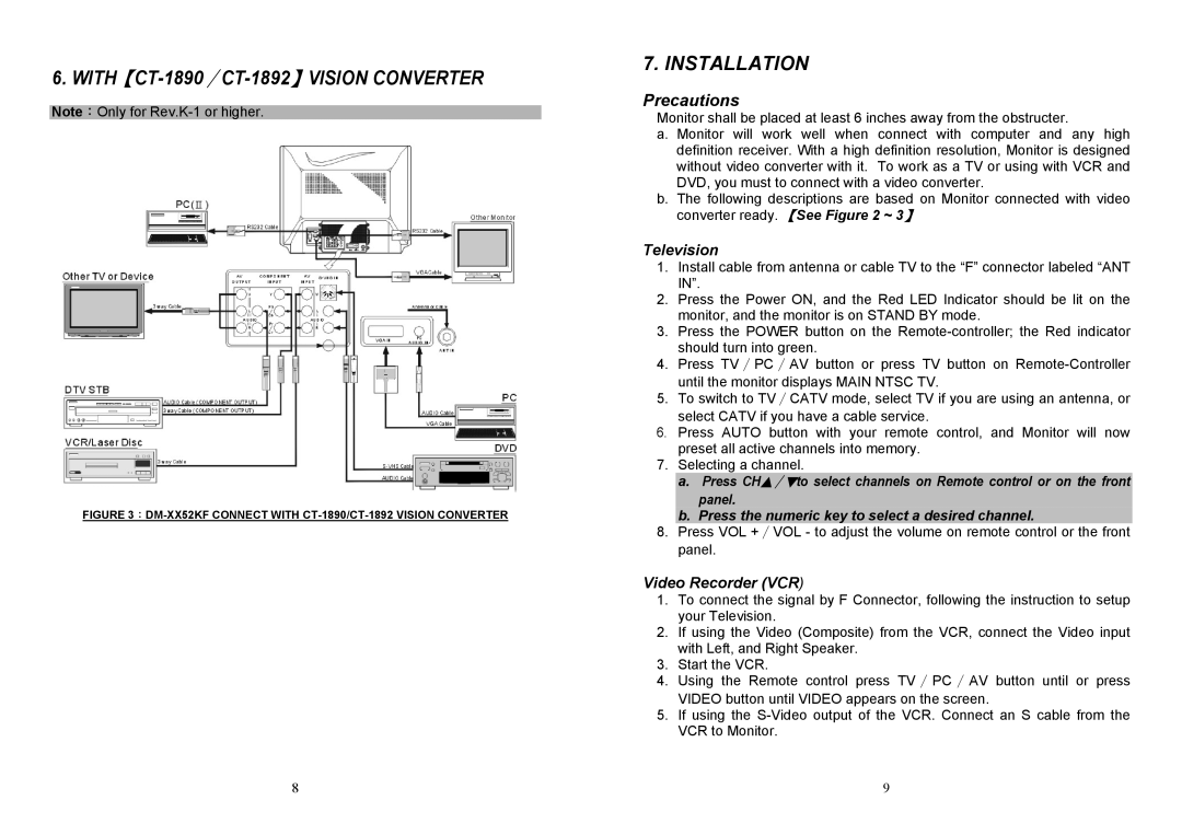 Albatron Technology DM-6952KF, DM-5952KF user manual Installation, Press the numeric key to select a desired channel 