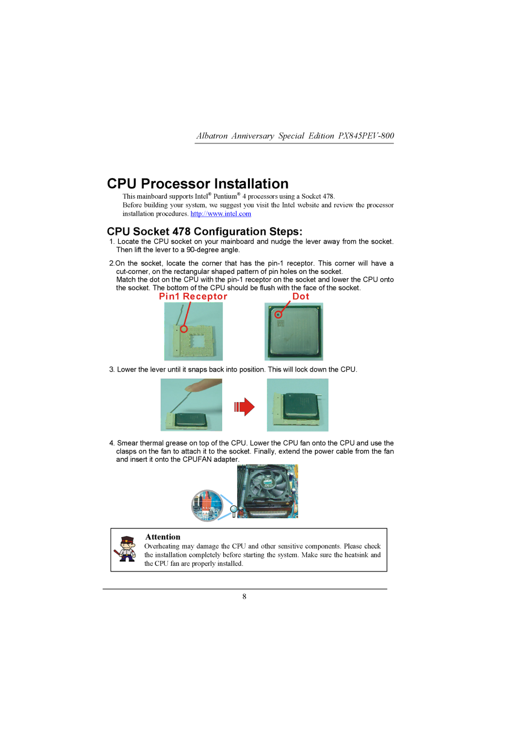 Albatron Technology PX845PEV-800 manual CPU Processor Installation, CPU Socket 478 Configuration Steps 