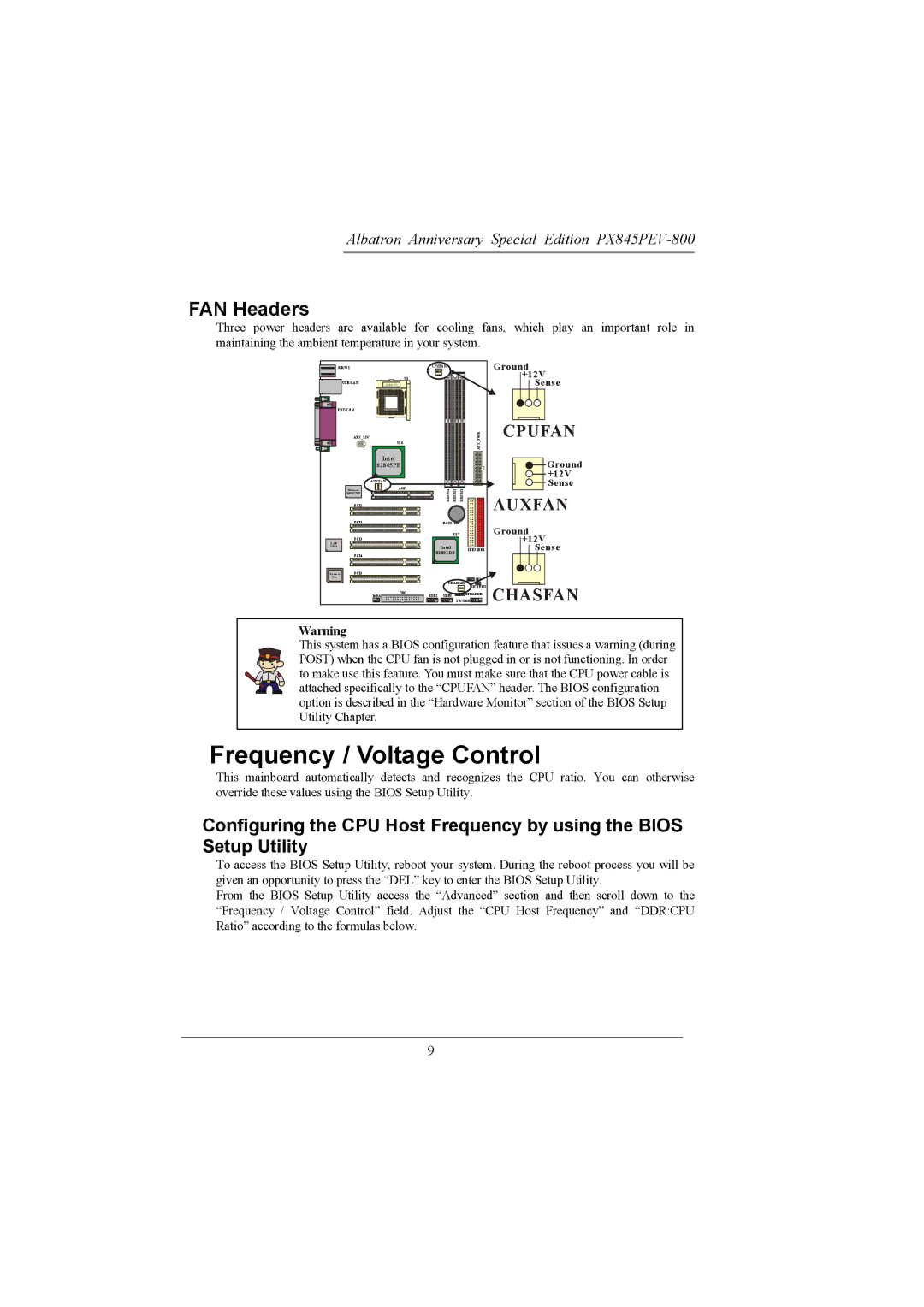 Albatron Technology PX845PEV-800 manual Frequency / Voltage Control, FAN Headers 