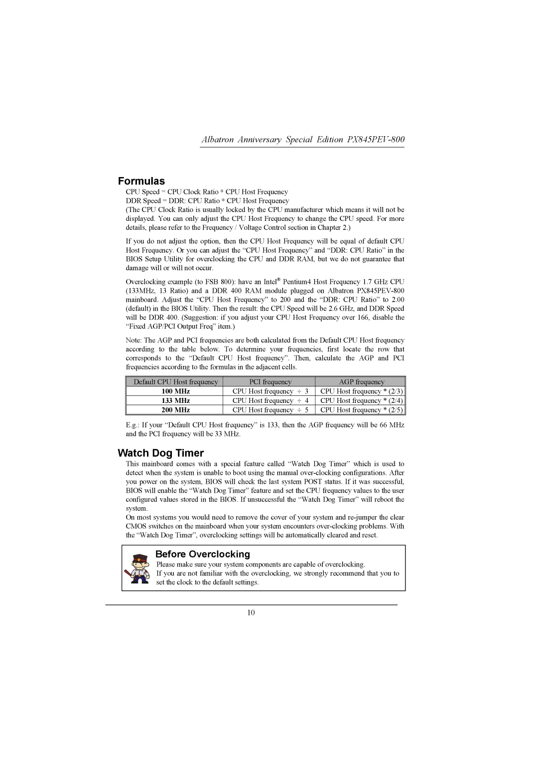 Albatron Technology PX845PEV-800 manual Formulas, Watch Dog Timer 