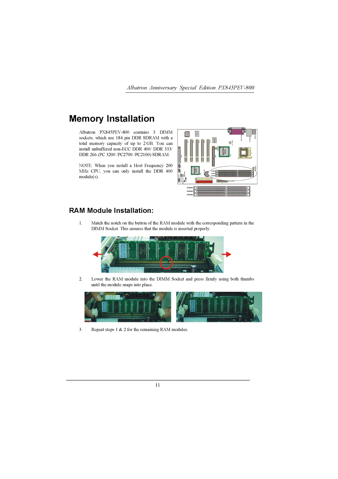 Albatron Technology PX845PEV-800 manual Memory Installation, RAM Module Installation 