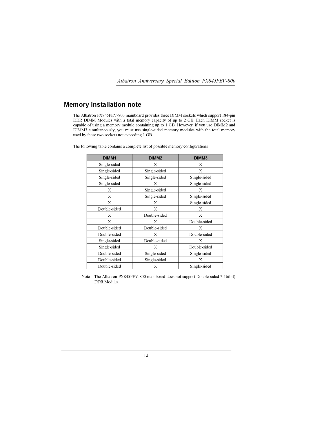 Albatron Technology PX845PEV-800 manual Memory installation note, DIMM1 DIMM2 DIMM3 