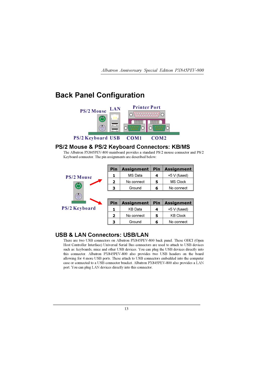 Albatron Technology PX845PEV-800 manual Back Panel Configuration, PS/2 Mouse & PS/2 Keyboard Connectors KB/MS 