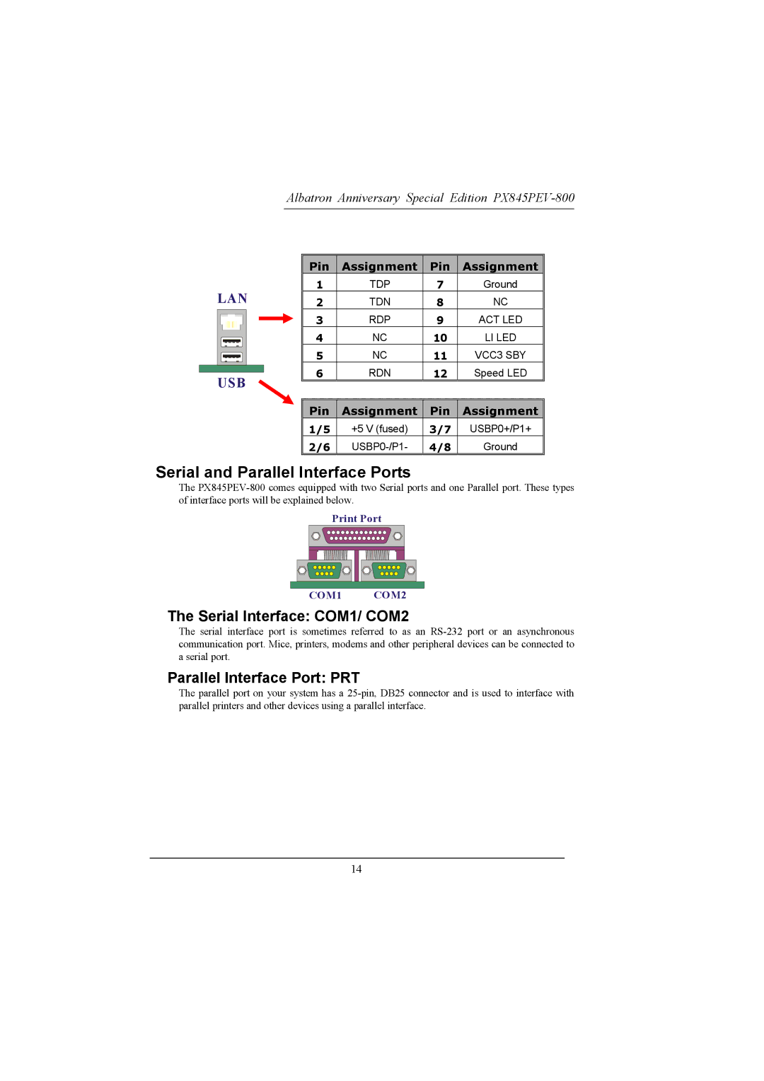 Albatron Technology PX845PEV-800 manual Serial and Parallel Interface Ports, Serial Interface COM1/ COM2 