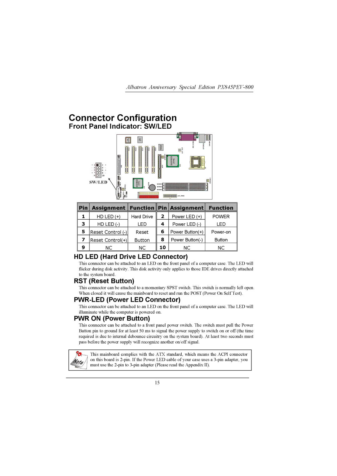 Albatron Technology PX845PEV-800 manual Connector Configuration, Front Panel Indicator SW/LED 