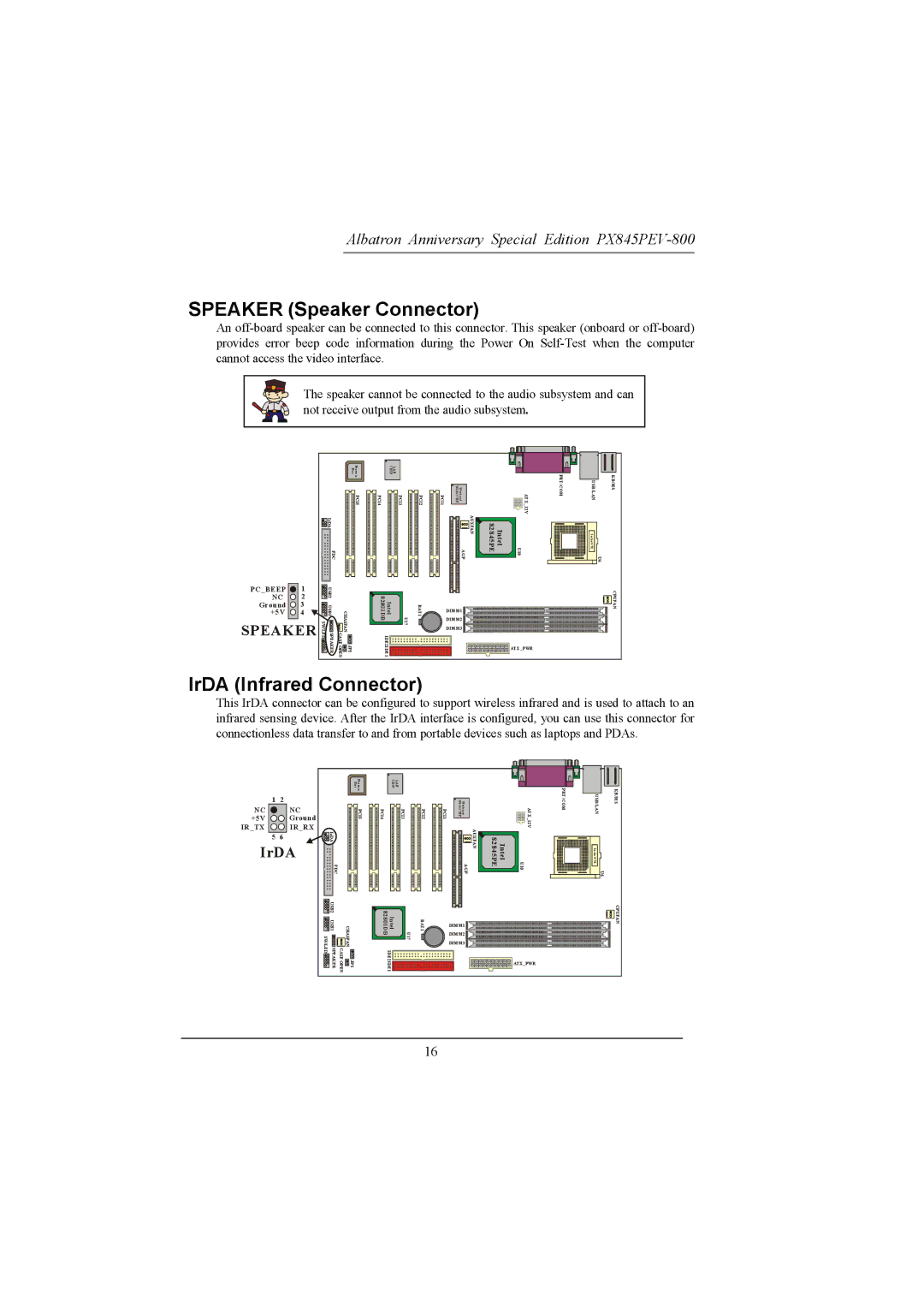 Albatron Technology PX845PEV-800 manual Speaker Speaker Connector, IrDA Infrared Connector 