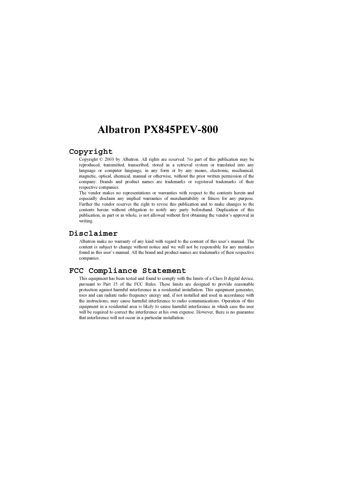 Albatron Technology PX845PEV-800 manual Copyright 