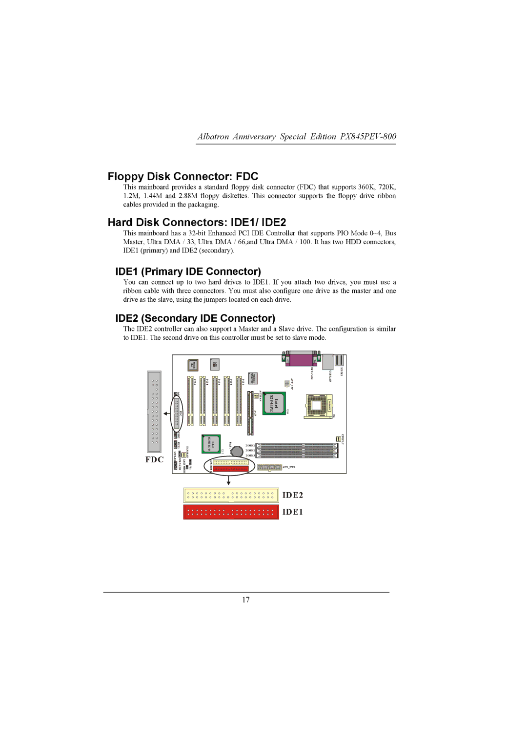 Albatron Technology PX845PEV-800 Floppy Disk Connector FDC, Hard Disk Connectors IDE1/ IDE2, IDE1 Primary IDE Connector 