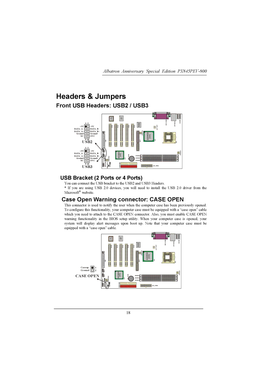 Albatron Technology PX845PEV-800 Headers & Jumpers, Front USB Headers USB2 / USB3, Case Open Warning connector Case Open 