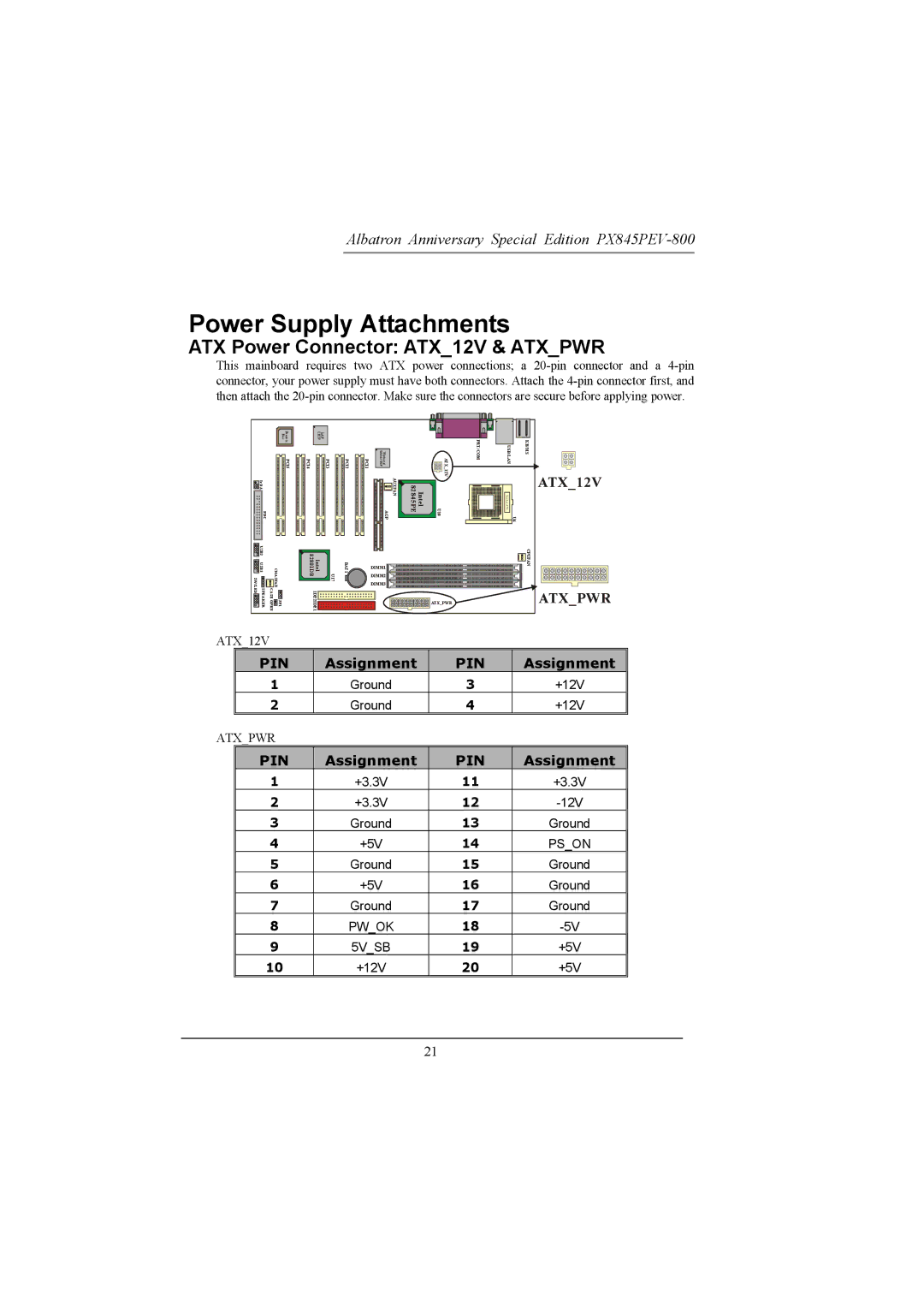 Albatron Technology PX845PEV-800 manual Power Supply Attachments, ATX Power Connector ATX12V & Atxpwr 