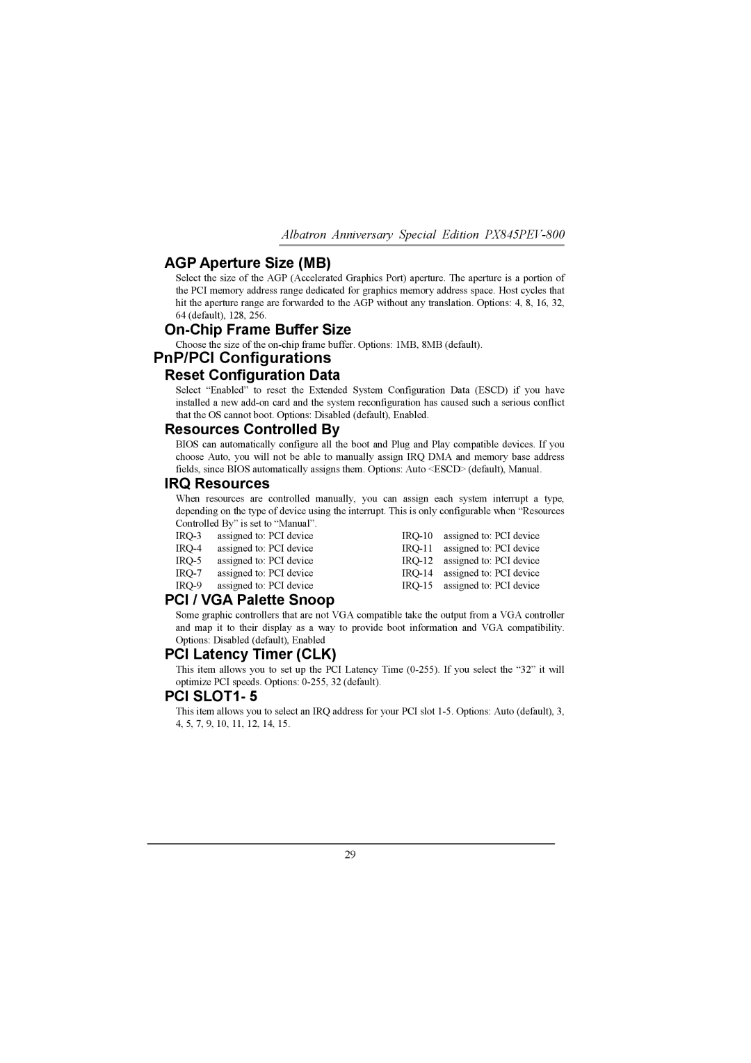 Albatron Technology PX845PEV-800 manual PnP/PCI Configurations 