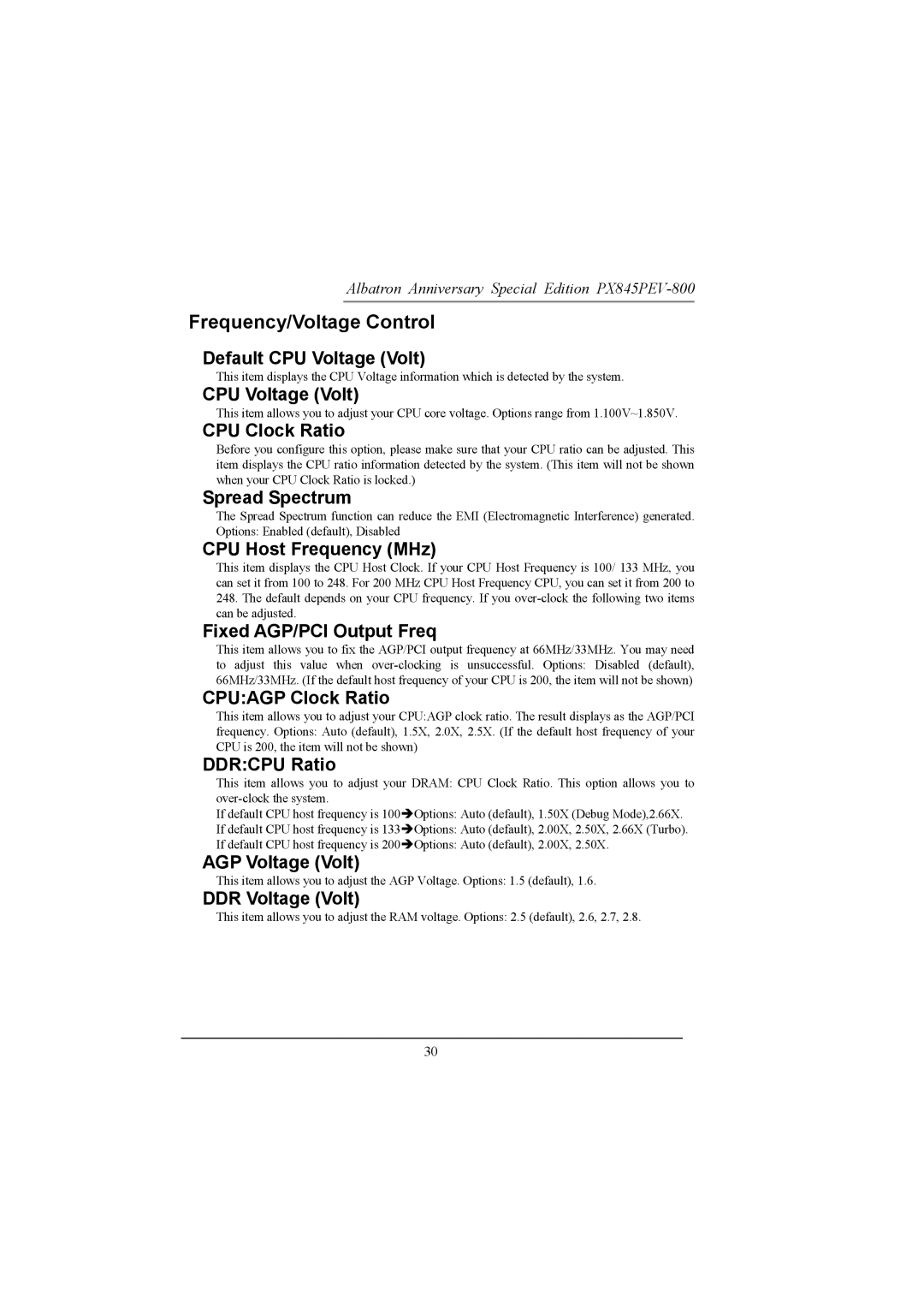 Albatron Technology PX845PEV-800 manual Frequency/Voltage Control 