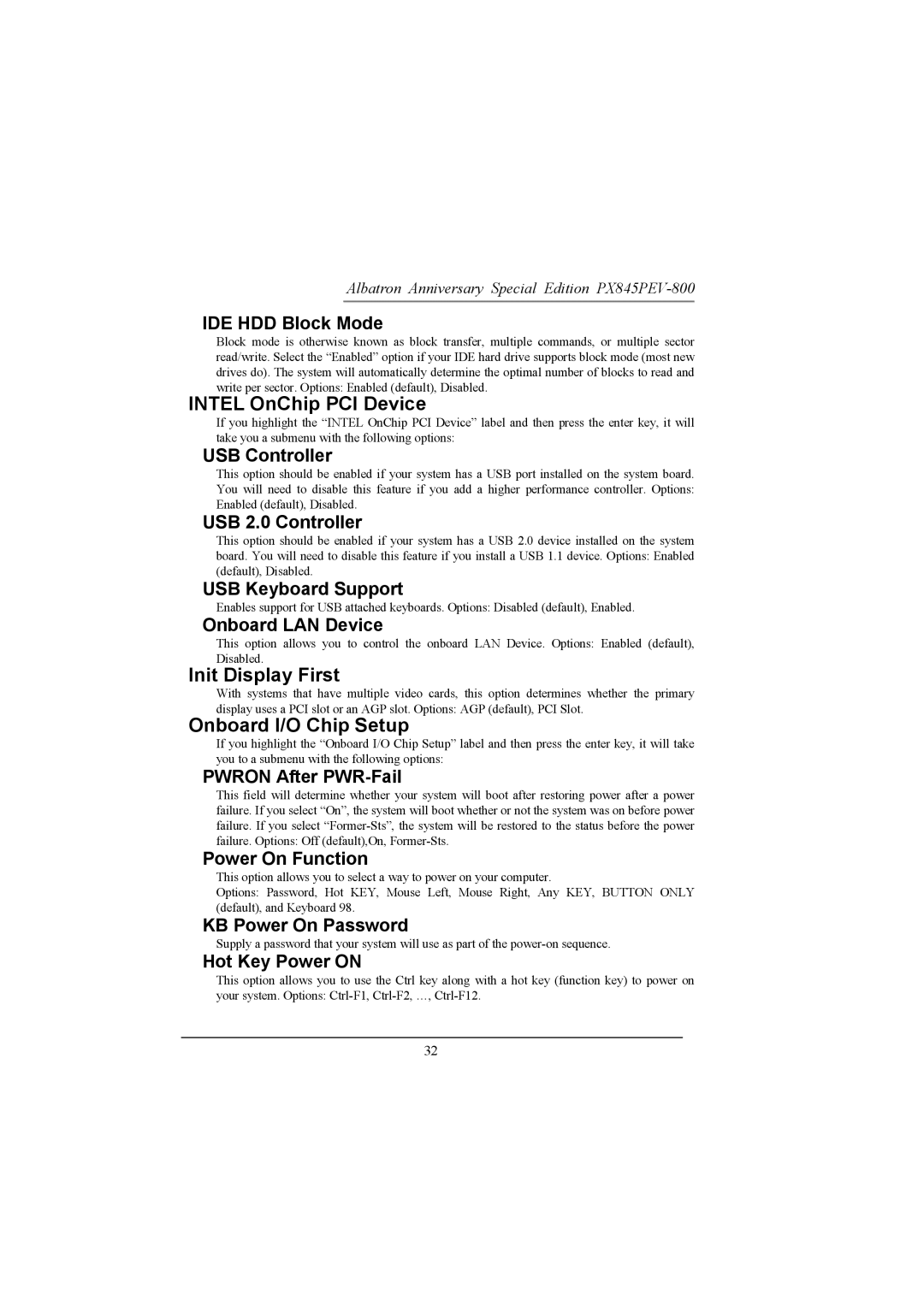 Albatron Technology PX845PEV-800 manual Intel OnChip PCI Device, Init Display First, Onboard I/O Chip Setup 