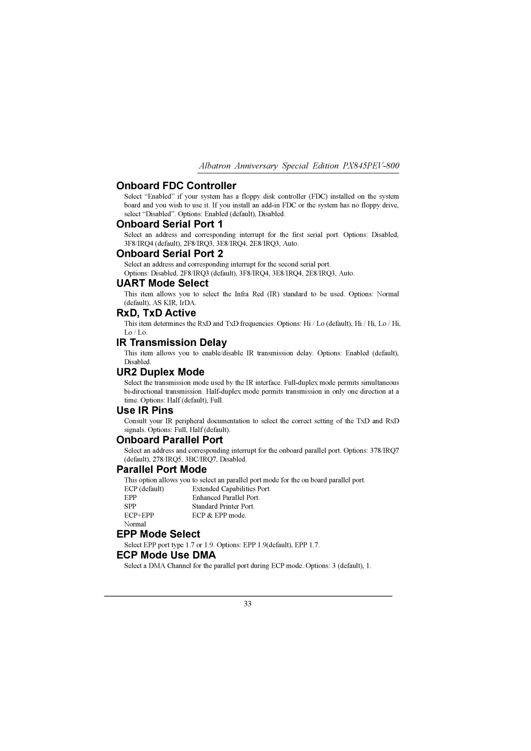 Albatron Technology PX845PEV-800 manual Onboard FDC Controller, Onboard Serial Port, Uart Mode Select, RxD, TxD Active 