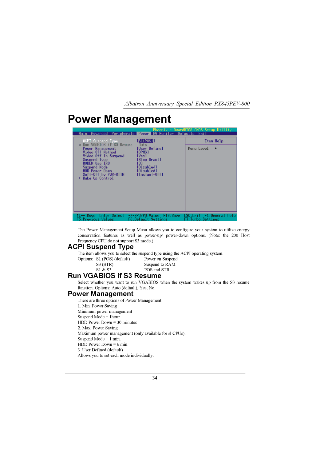 Albatron Technology PX845PEV-800 manual Power Management, Acpi Suspend Type, Run Vgabios if S3 Resume 