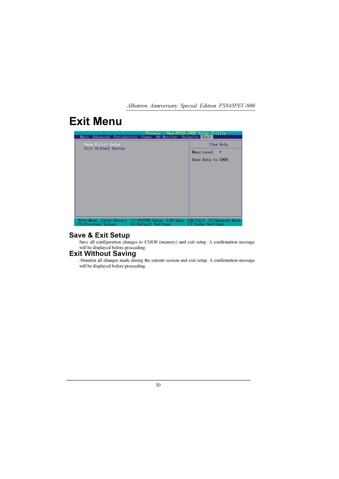 Albatron Technology PX845PEV-800 manual Exit Menu, Save & Exit Setup, Exit Without Saving 