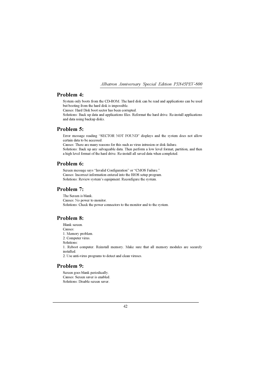 Albatron Technology PX845PEV-800 manual Problem 