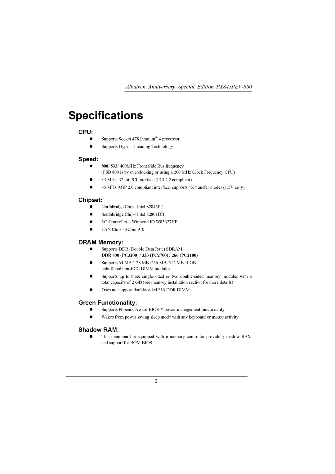 Albatron Technology PX845PEV-800 manual Specifications, Cpu 