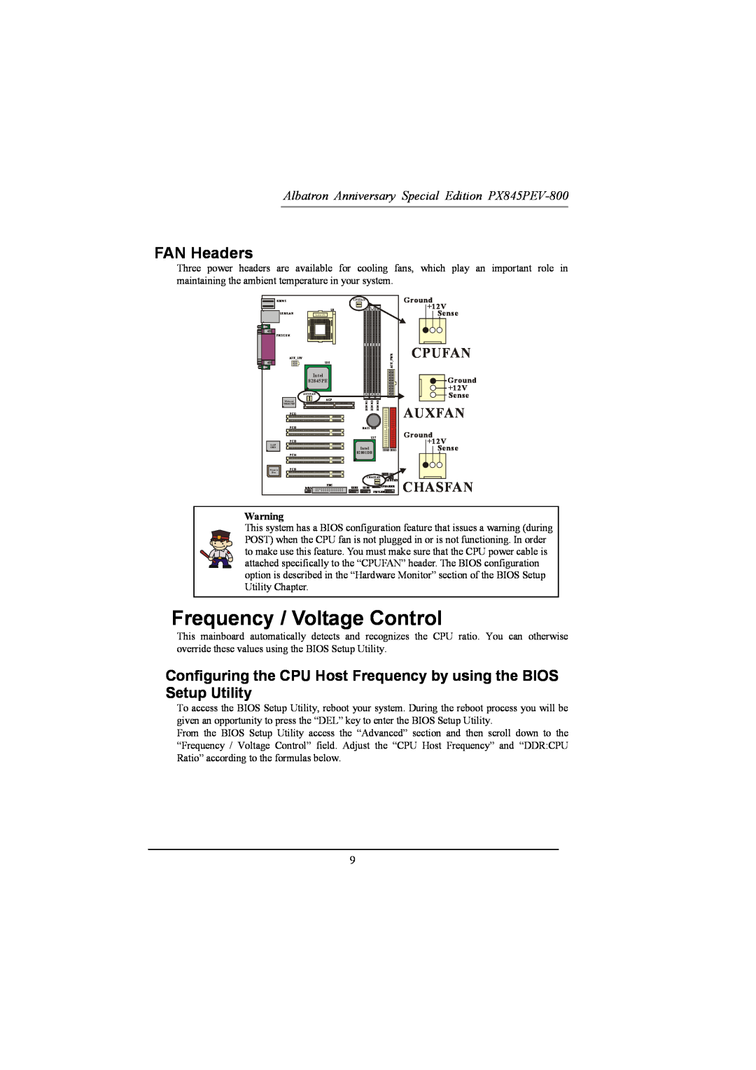 Albatron Technology PX845PEV-800 manual Frequency / Voltage Control, FAN Headers, Cpufan, Auxfan 