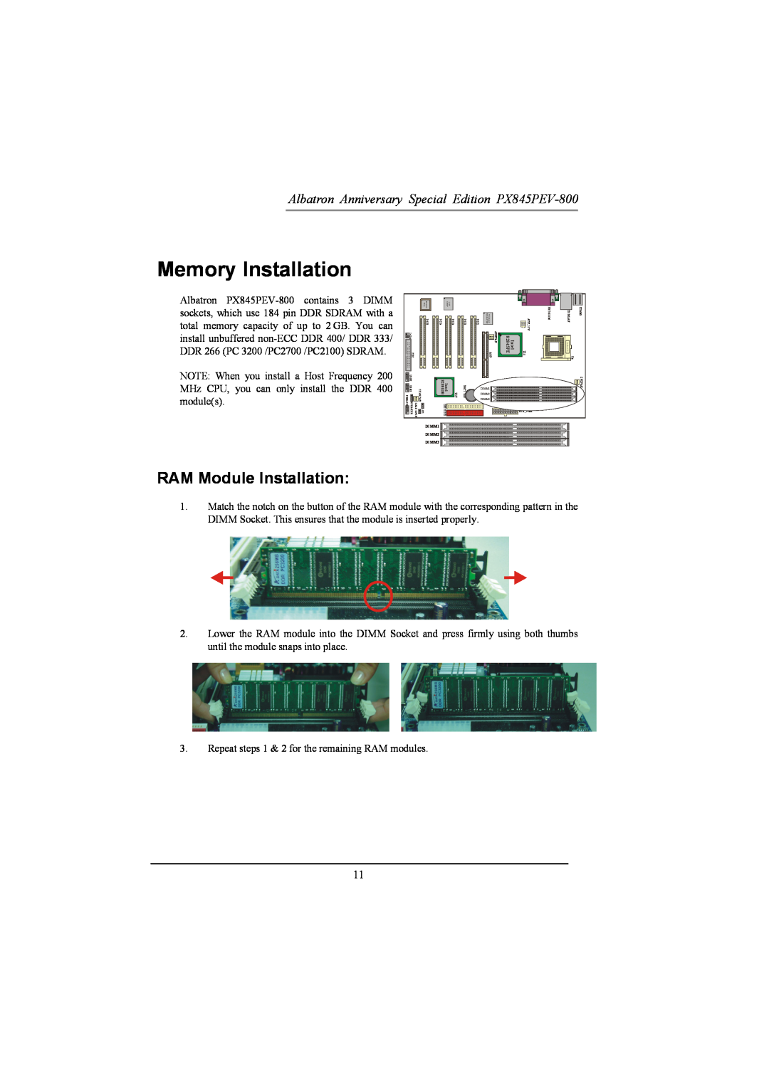 Albatron Technology PX845PEV-800 manual Memory Installation, RAM Module Installation 