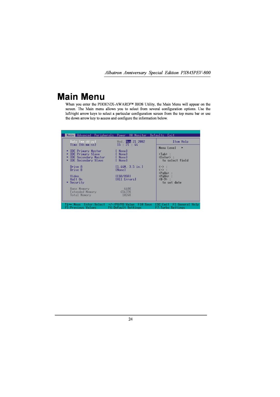 Albatron Technology manual Main Menu, Albatron Anniversary Special Edition PX845PEV-800 