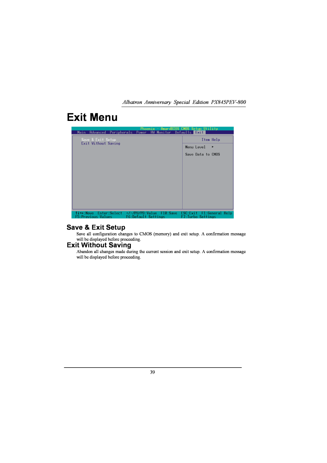 Albatron Technology PX845PEV-800 manual Exit Menu, Save & Exit Setup, Exit Without Saving 