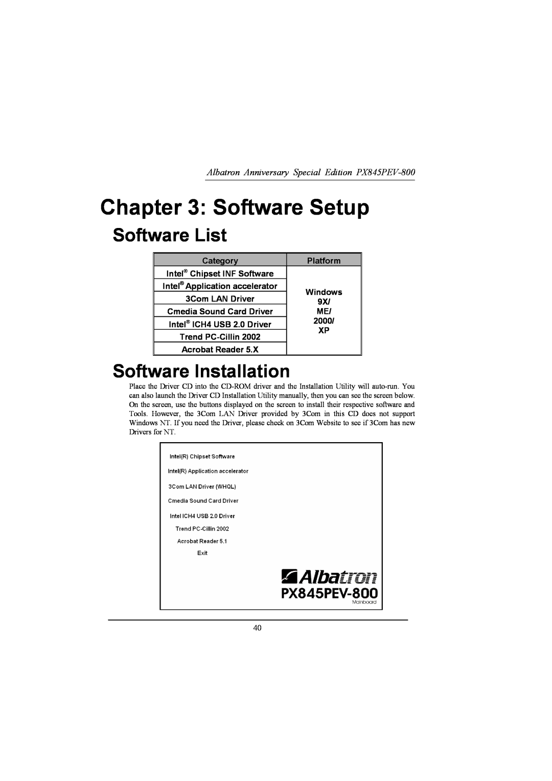 Albatron Technology PX845PEV-800 manual Software Setup, Software List, Software Installation 