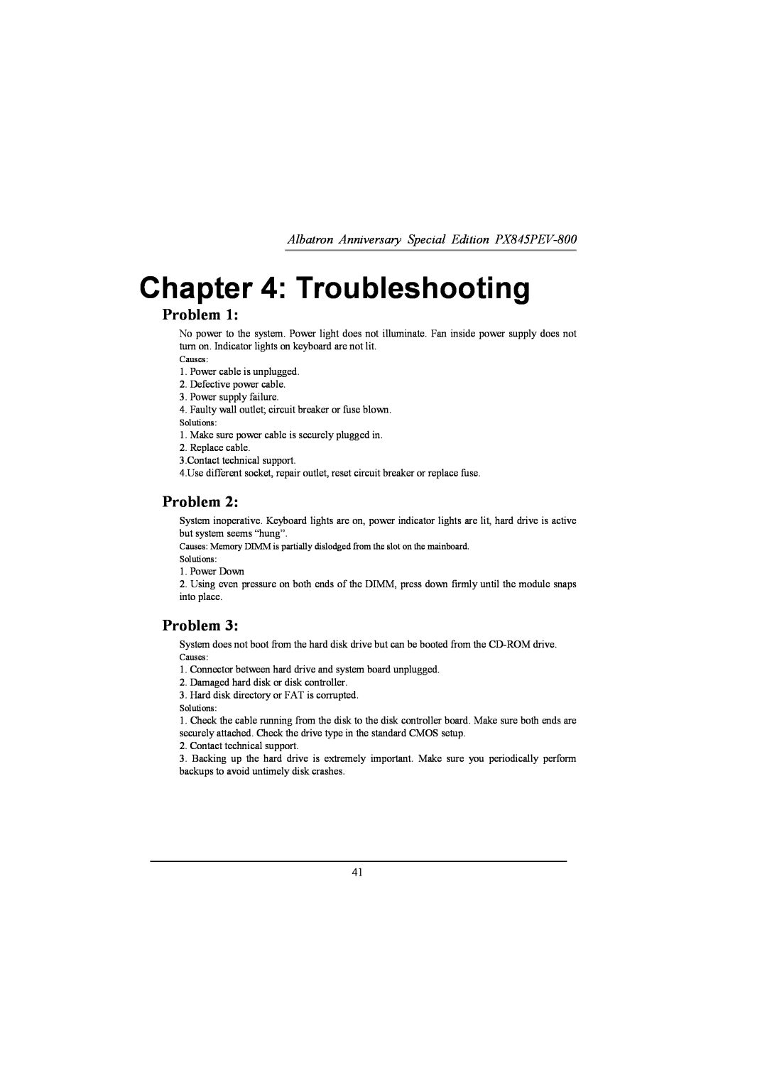 Albatron Technology manual Troubleshooting, Problem, Albatron Anniversary Special Edition PX845PEV-800 