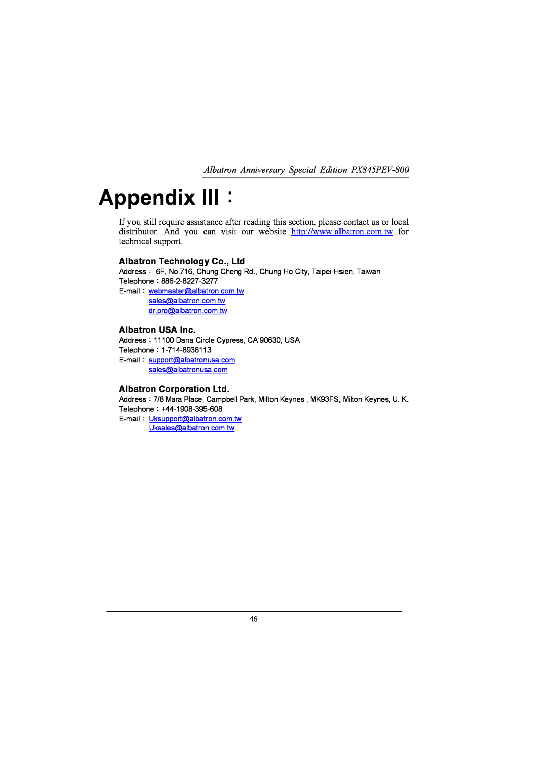 Albatron Technology manual Appendix III：, Albatron Anniversary Special Edition PX845PEV-800, Albatron USA Inc 