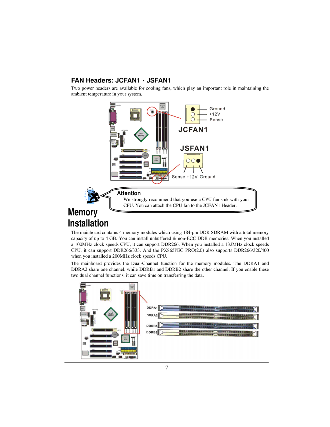 Albatron Technology PX865PEC warranty Memory, FAN Headers JCFAN1、JSFAN1 