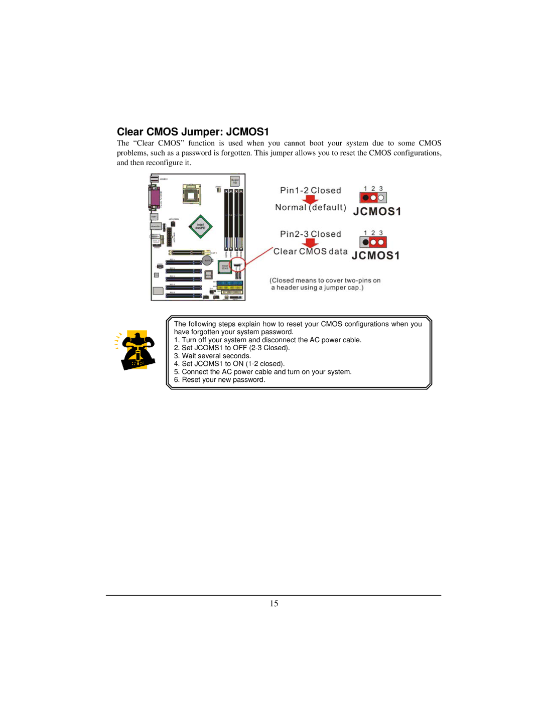 Albatron Technology PX865PEC warranty Clear Cmos Jumper JCMOS1 