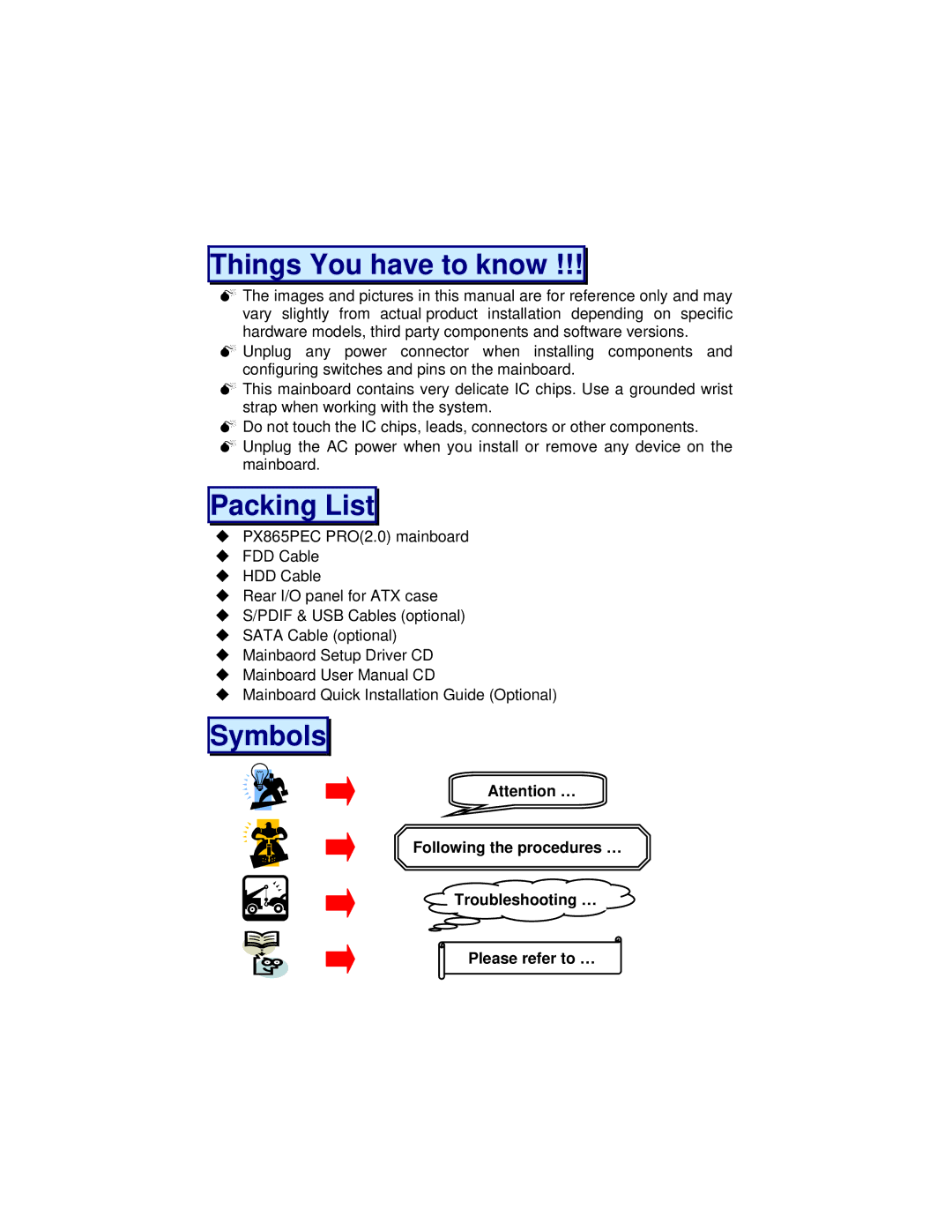 Albatron Technology PX865PEC warranty Symbols 