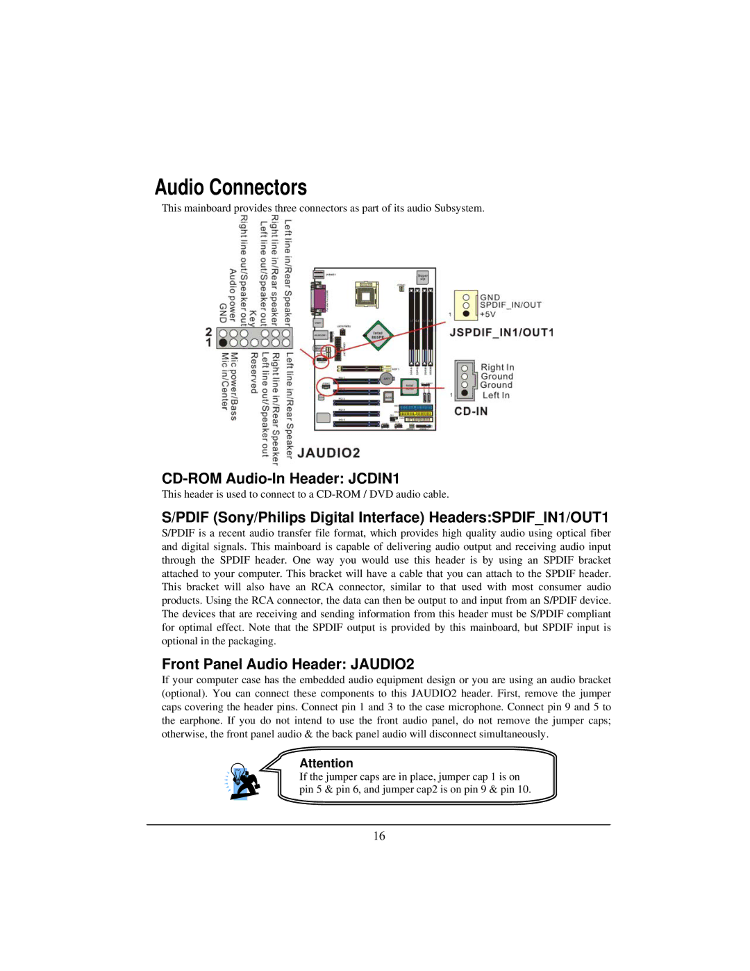 Albatron Technology PX865PEC warranty Audio Connectors, CD-ROM Audio-In Header JCDIN1, Front Panel Audio Header JAUDIO2 