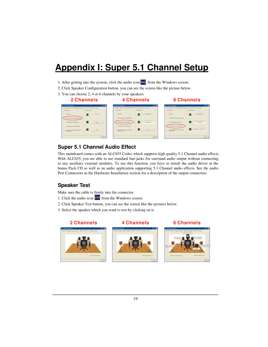 Albatron Technology PX865PEC warranty Appendix I Super 5.1 Channel Setup, Super 5.1 Channel Audio Effect, Speaker Test 