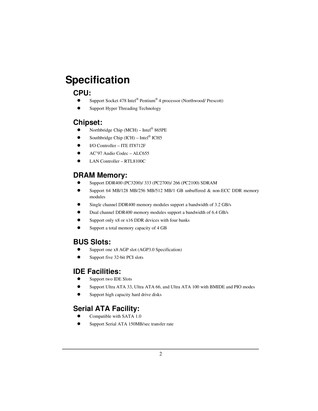 Albatron Technology PX865PEC warranty Specification, Cpu 