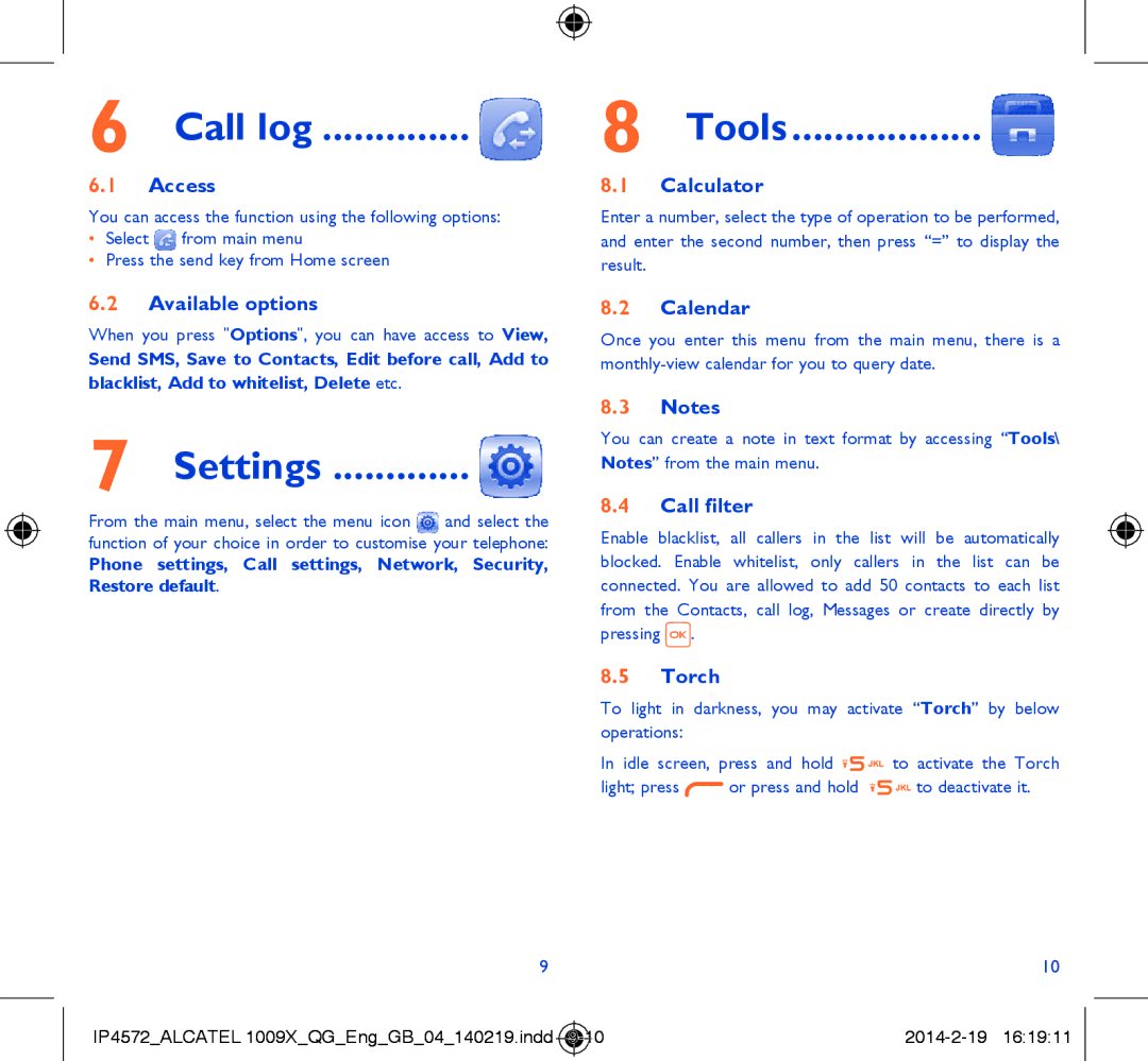 Alcatel 1009X manual Call log, Settings, Tools 