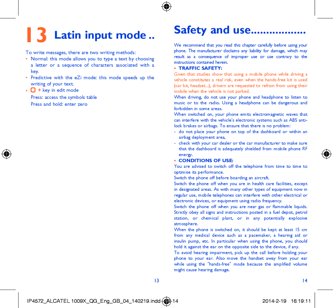 Alcatel 1009X manual Latin input mode, Safety and use, Traffic Safety, Conditions of USE 