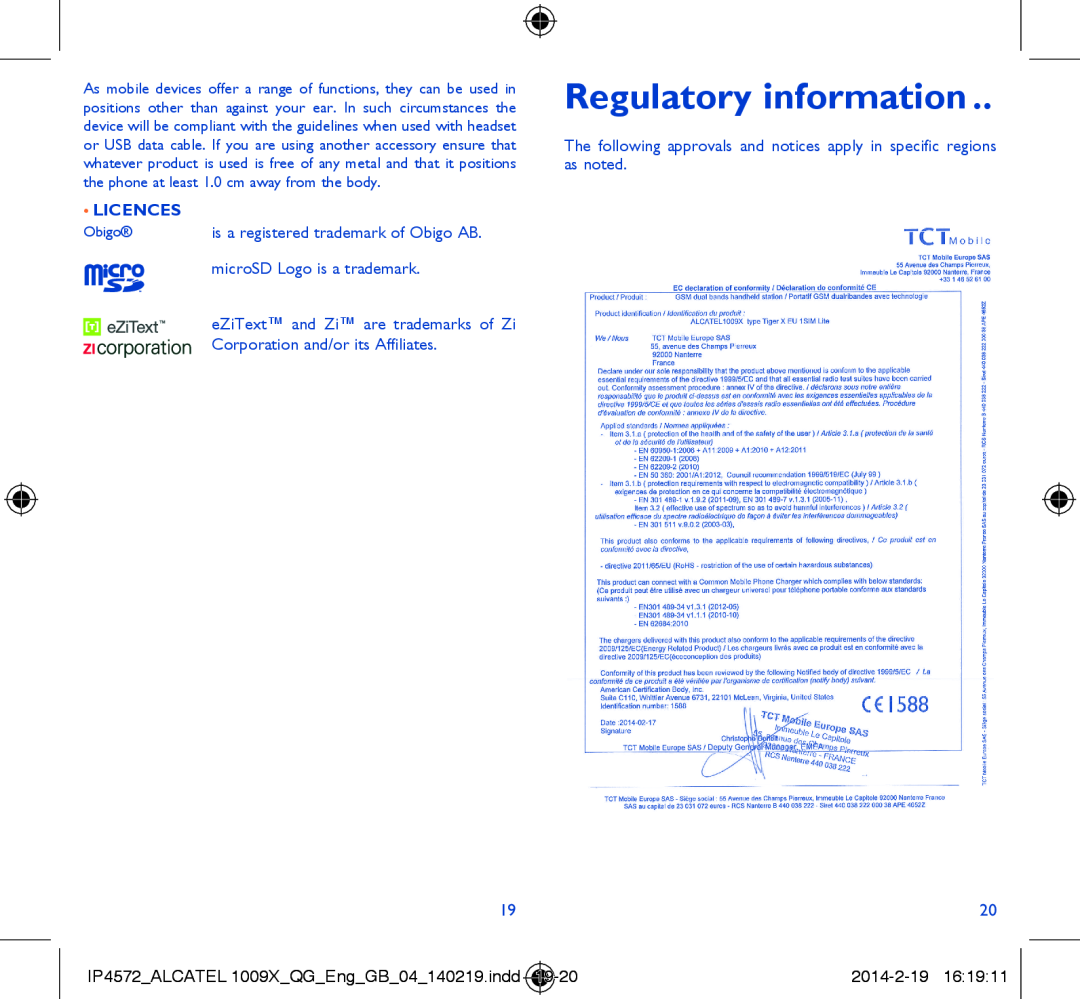 Alcatel 1009X manual Regulatory information, Licences 