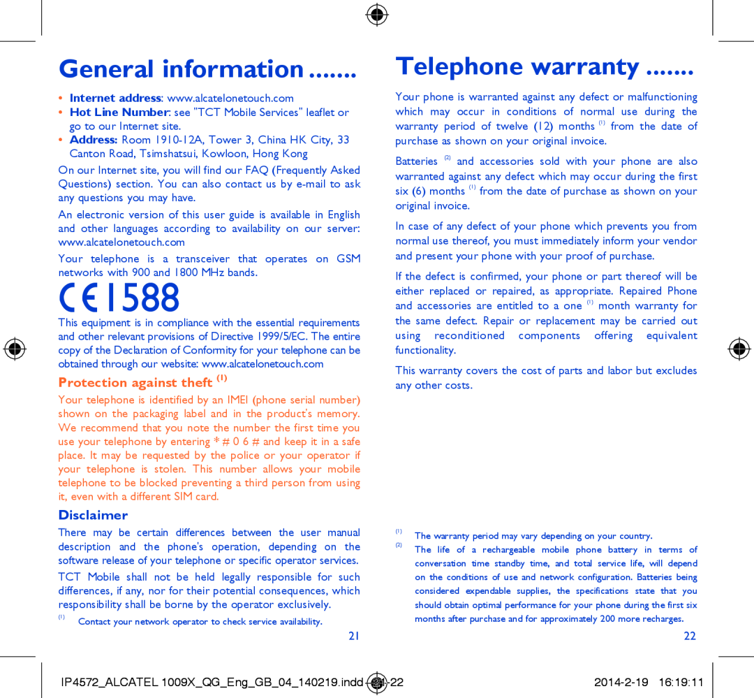 Alcatel 1009X manual General information, Telephone warranty, Disclaimer, Protection against theft 